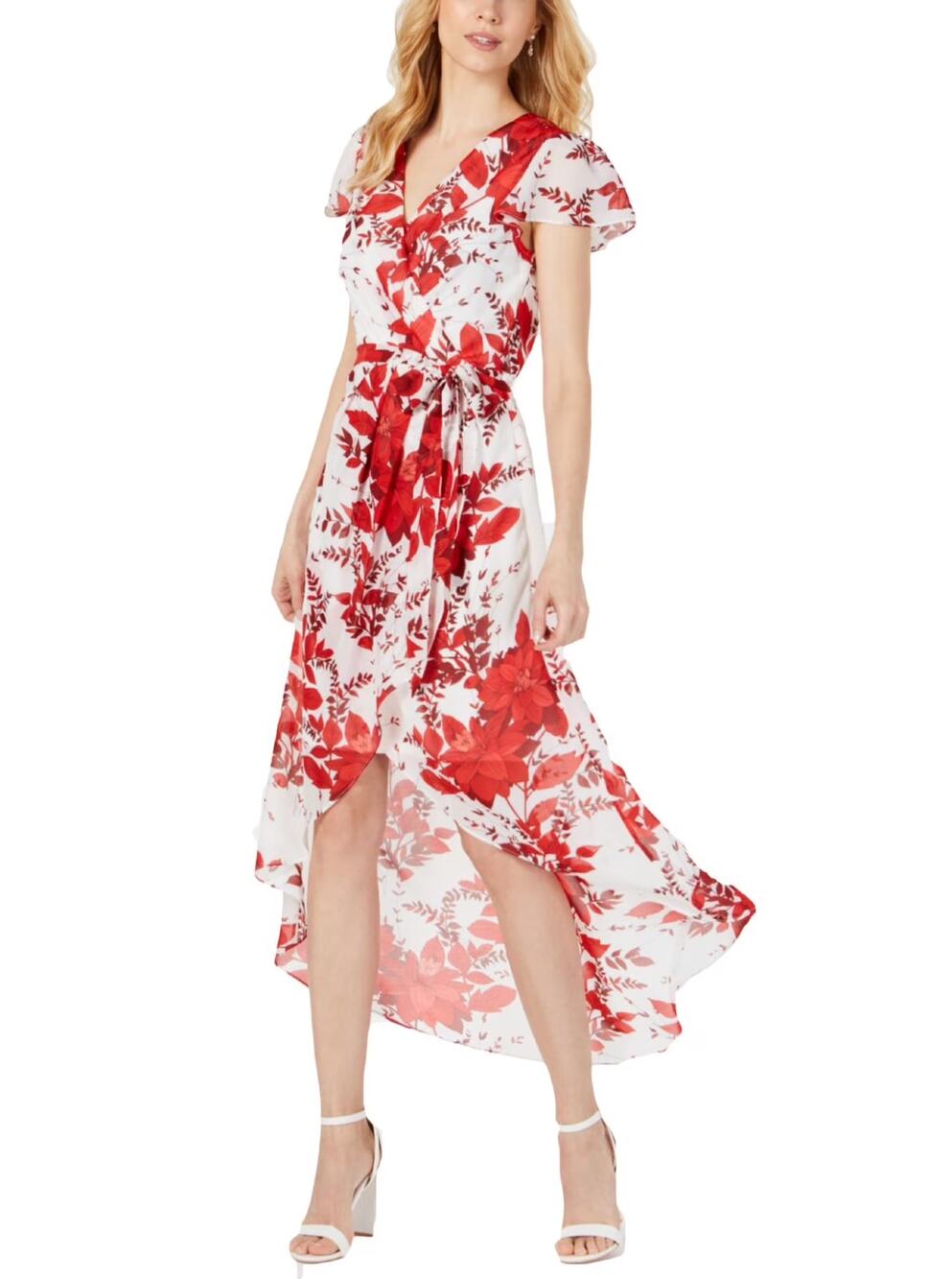 Julia Jordan Womens Wrap Dress Dress 14 Red White Floral Flutter Sleeve Midi